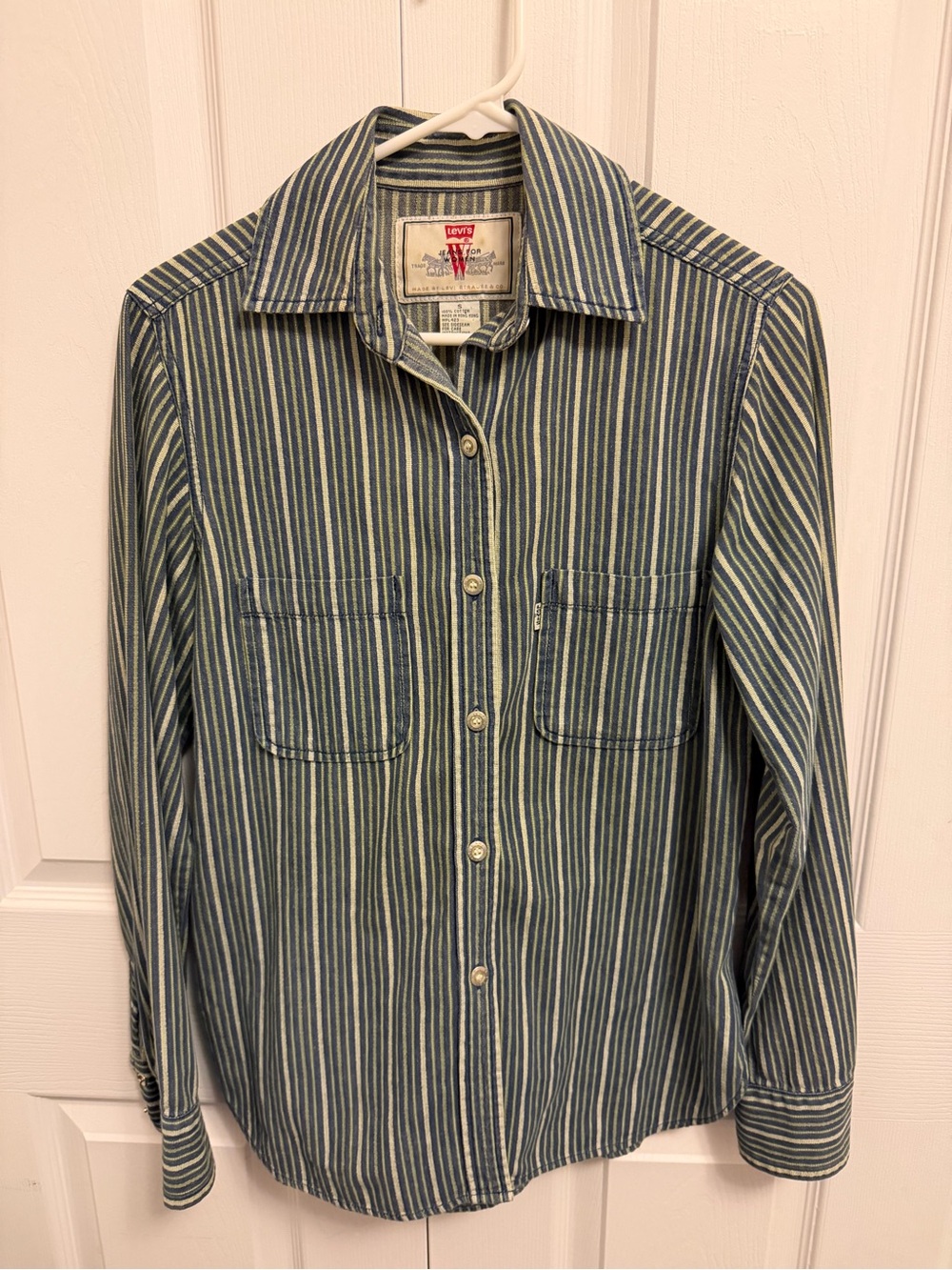 Levi’s Vintage 1996 Hickory Stripe Work Shirt Button Up Blue Green Women's Small - Picture 2 of 12